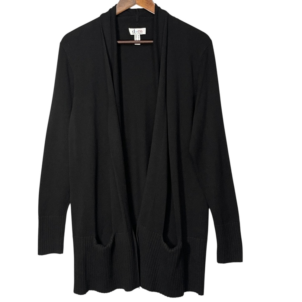 Denim & Co. Cardigan Sweater Women Size M Black Open Front‎ Duster Pockets
